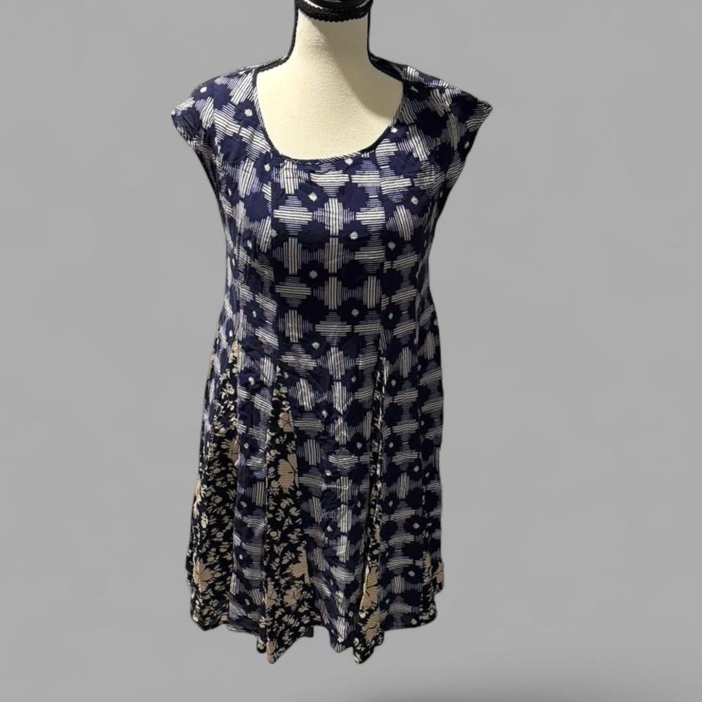 Maeve Anthropologie Mixed Print Swing Dress Medium‎ Corset Back Navy Blue
